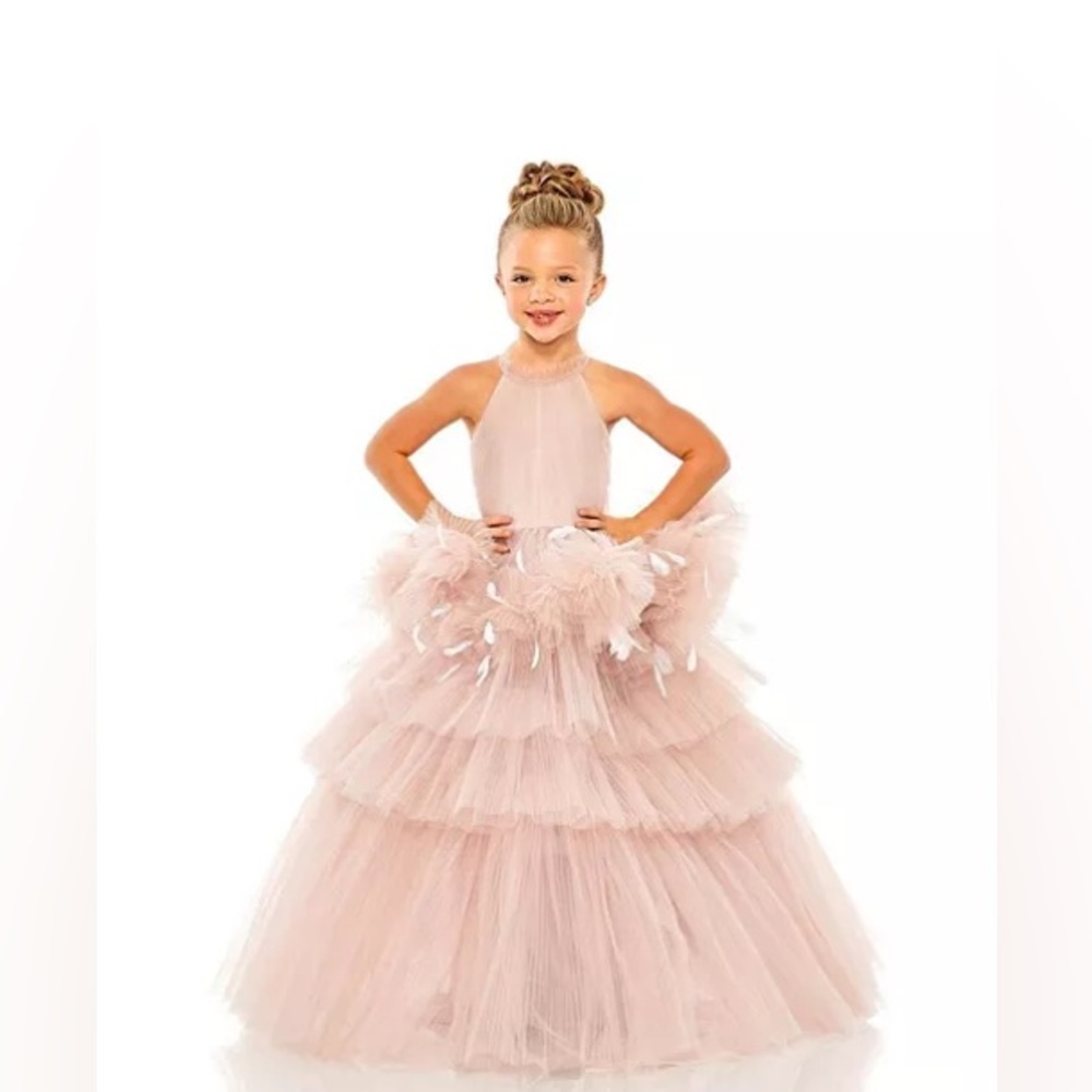 Mac Duggal Girls' High Neck Tulle Dress with Feather Detail - Little Kid